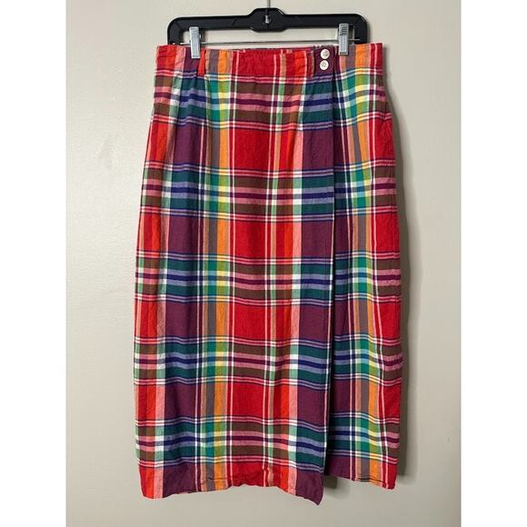 Talbots Dresses & Skirts - Vintage Talbots Madras Plaid Wrap Midi Skirt Size 14 Cotton Preppy Retro Color
